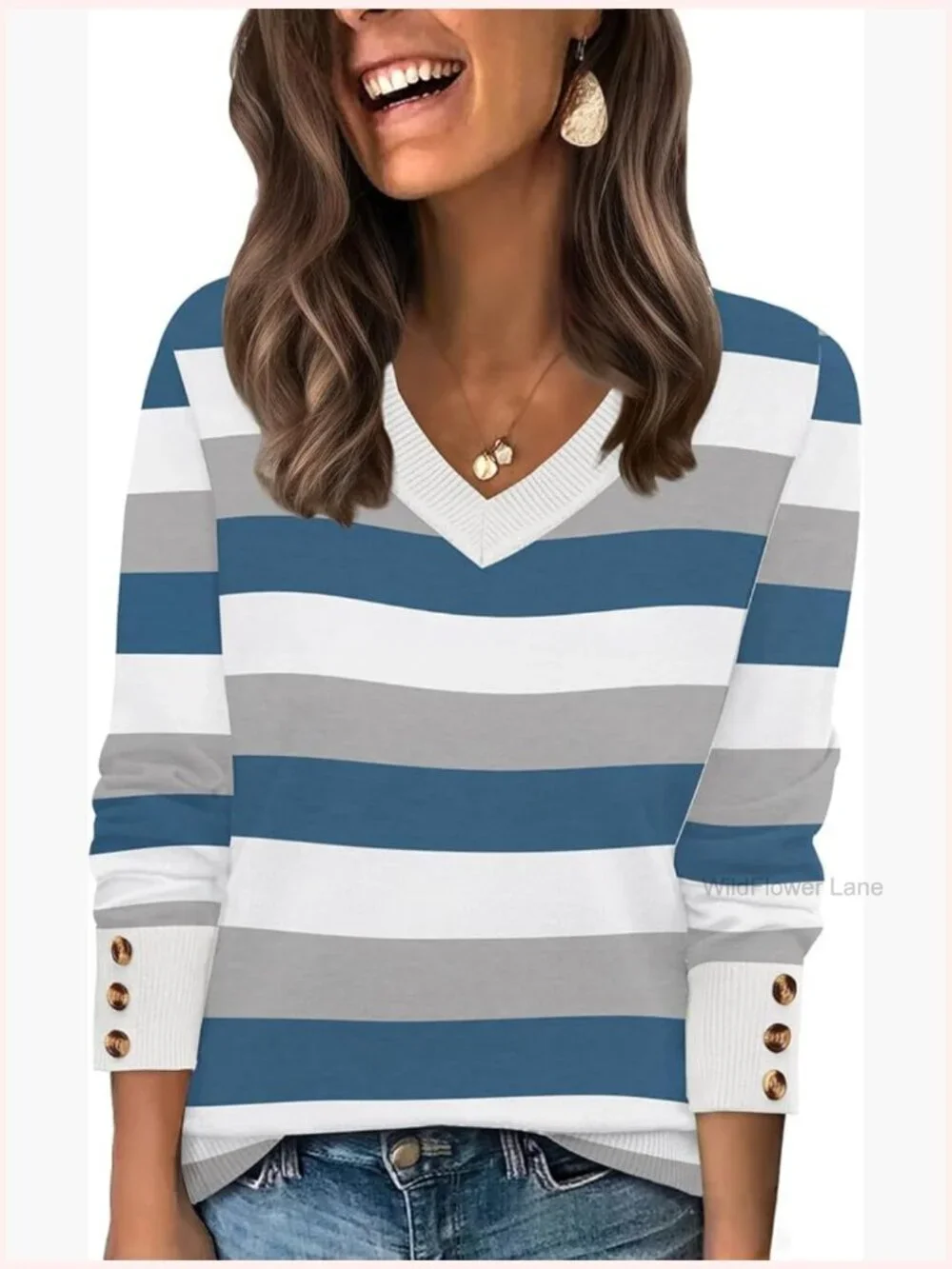 Lightweight V-Neck Knit Sweater with Button Cuffs